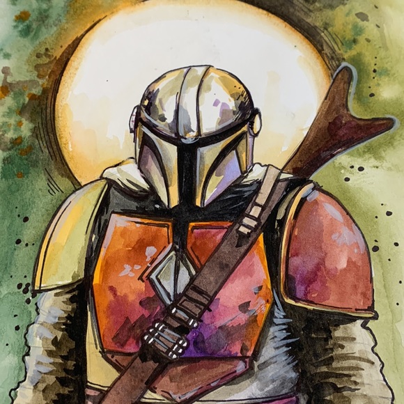 Mandalorian painting original watercolour hand crafted - Picture 2 of 3